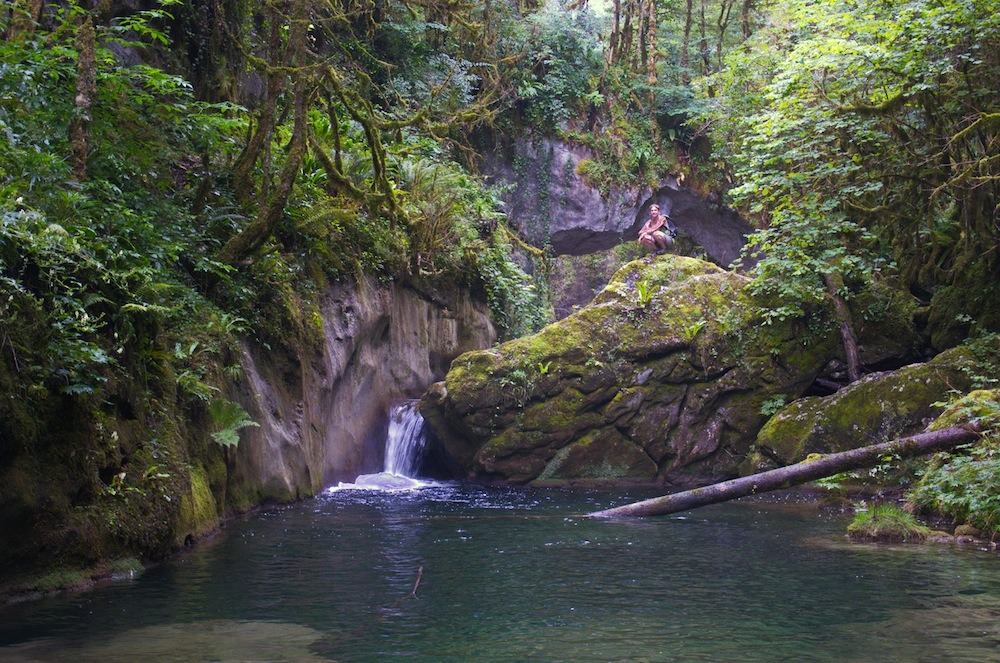 Un petit bassin d’eau claire au cœur d’une forêt dense, alimenté par une cascade et entouré de grands rochers recouverts de mousse.